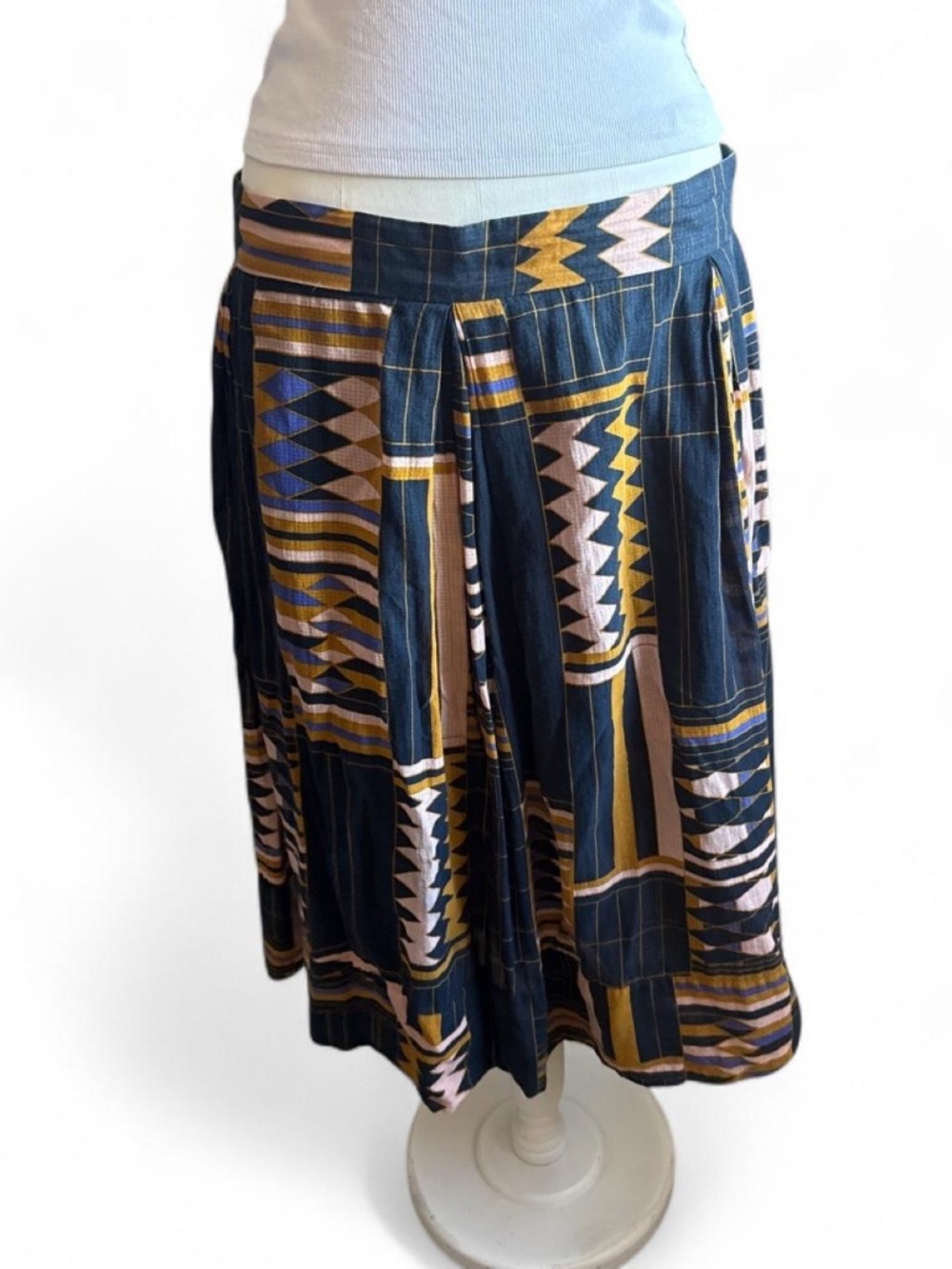 The Odells Woven Geo Print Midi Skirt Navy Yellow White Size L Geometric